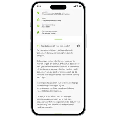 AI-samenvatting van een omgevingsvergunning in de OmgevingsAlert-app