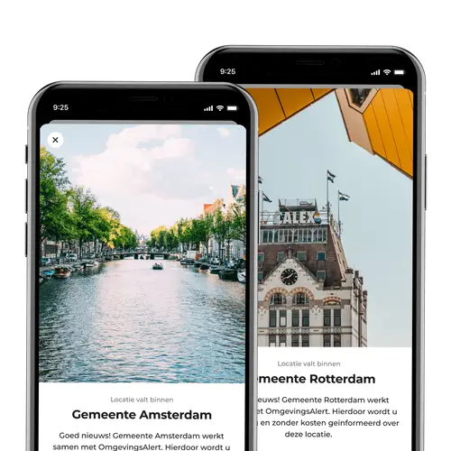 De OmgevingsAlert-app in de huisstijl van verschillende gemeenten