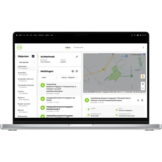 Het OmgevingsAlert Pro-dashboard met meldingen rond een vastgoedportefeuille