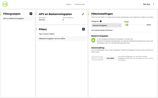 De filterinstellingen in OmgevingsAlert Pro met categorie, straal en trefwoorden per object