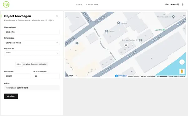 Het scherm Object toevoegen in OmgevingsAlert Pro met de keuze tussen adres, coördinaten, tekenen en .kml-upload