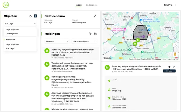 De inbox in OmgevingsAlert Pro waarin objecten met collega's gedeeld kunnen worden